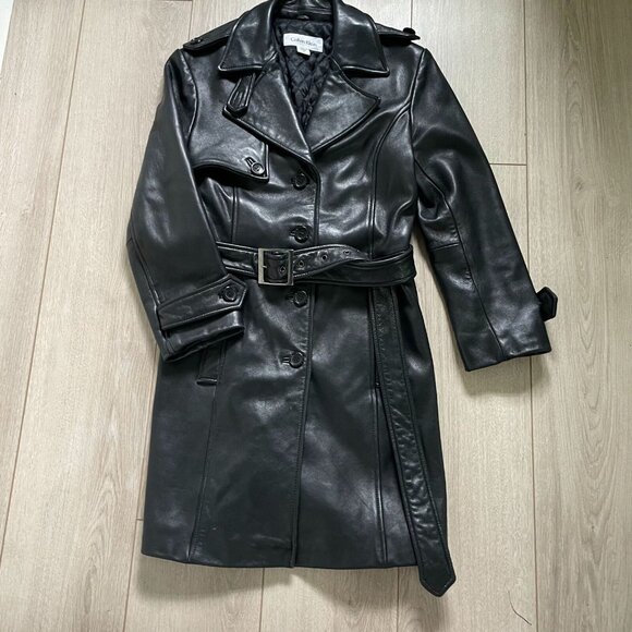 Calvin Klein Genuine Leather Trench Coat Women Small Black Classic Elegant Retro - Picture 3 of 15